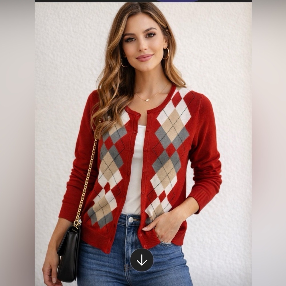 Croft & Barrow Women Red Argyle Button Down Cardigan Sweater Womens size Large